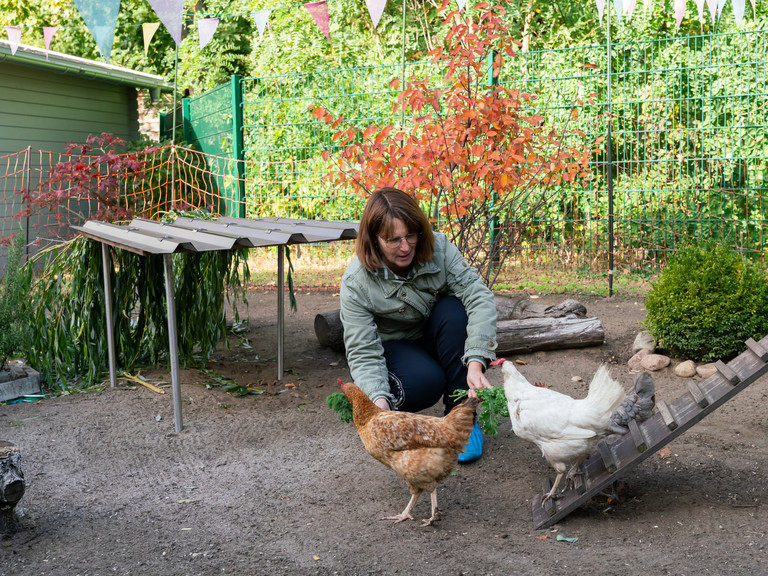 Eine Mitarbeiterin füttert im Garten des Diakonie Hospiz Woltersdorf zwei Hühner am Boden